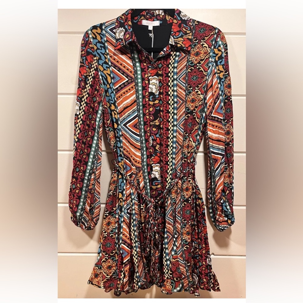 NWT Maven Womenswear Flared Lined Mini Boutique Dress Black Multi Color Size S